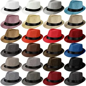 24 Pack Short Brim Straw Fedora Hats Unisex Cotton Houndstooth Fedora Trilby Hat with Black Band Seasonal Panama Beach Sun Fedora Hat for Men Women, 24 Colors