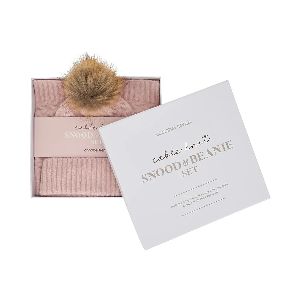 Annabel Trends Cable Knit Snood and Beanie Set Pink