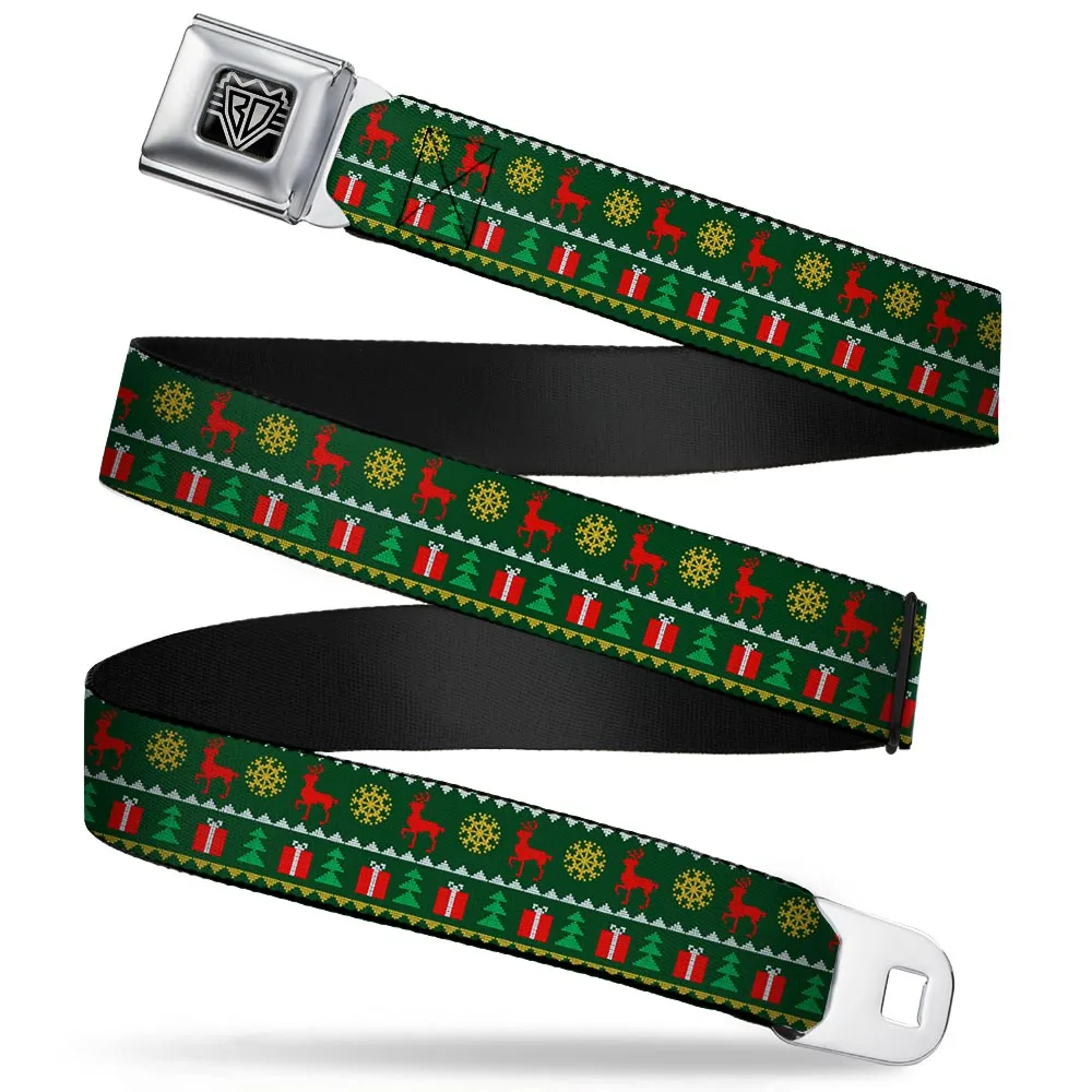 BD Wings Logo CLOSE-UP Full Color Black Silver Seatbelt Belt - Christmas Sweater Stitch Green/White/Gold/Red Webbing