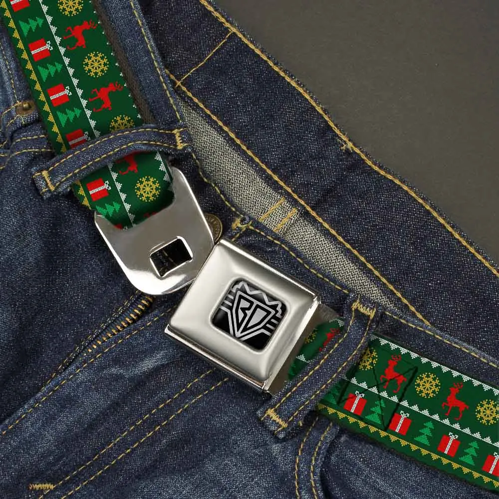 BD Wings Logo CLOSE-UP Full Color Black Silver Seatbelt Belt - Christmas Sweater Stitch Green/White/Gold/Red Webbing