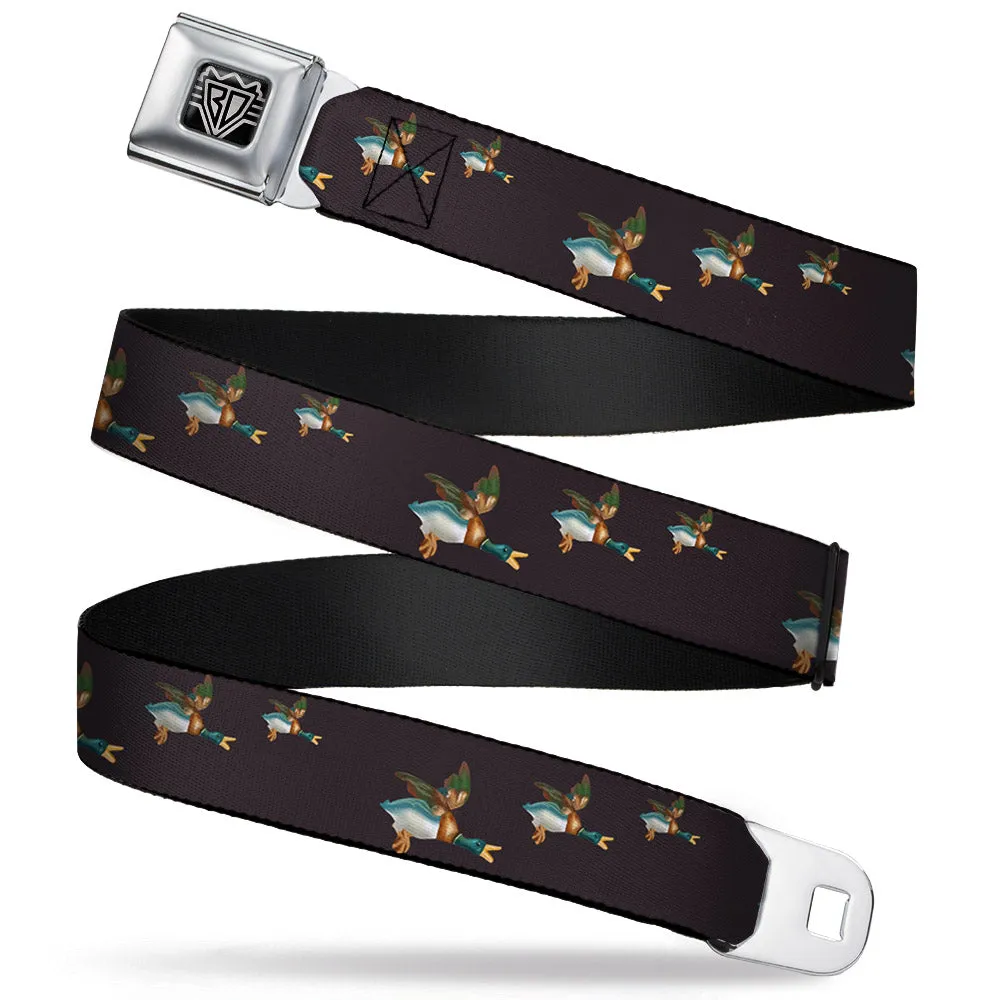 BD Wings Logo CLOSE-UP Full Color Black Silver Seatbelt Belt - Flying Mallards Burgundy Webbing