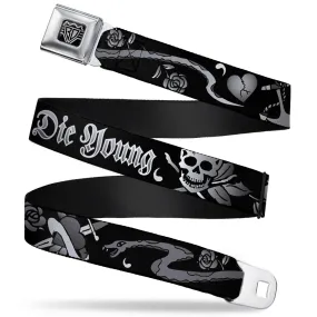 BD Wings Logo CLOSE-UP Full Color Black Silver Seatbelt Belt - Live Hard Die Young Black/White Webbing