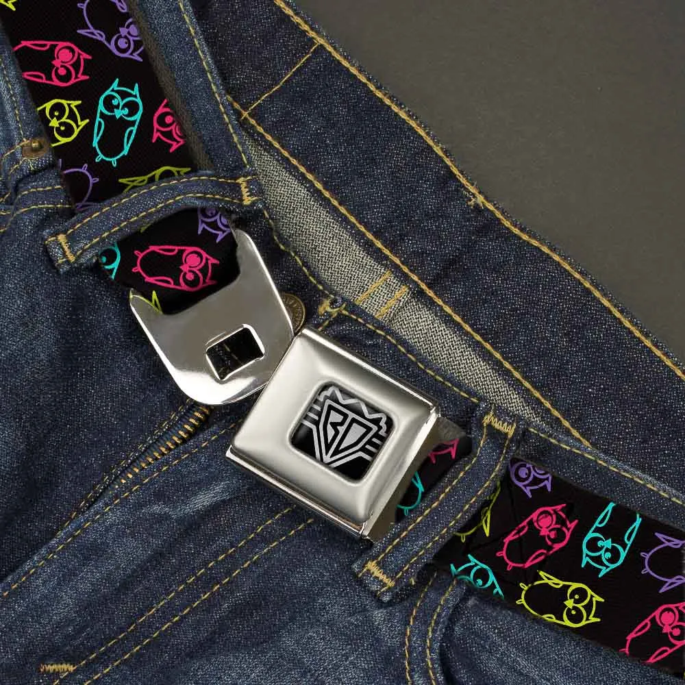 BD Wings Logo CLOSE-UP Full Color Black Silver Seatbelt Belt - Owl Sketch Black/Multi Color Webbing