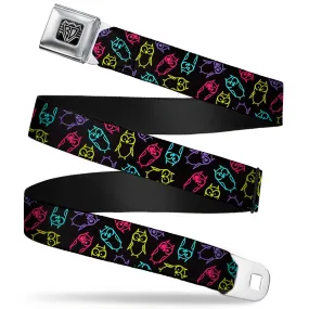 BD Wings Logo CLOSE-UP Full Color Black Silver Seatbelt Belt - Owl Sketch Black/Multi Color Webbing