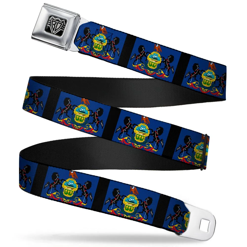 BD Wings Logo CLOSE-UP Full Color Black Silver Seatbelt Belt - Pennsylvania Flags/Black Webbing