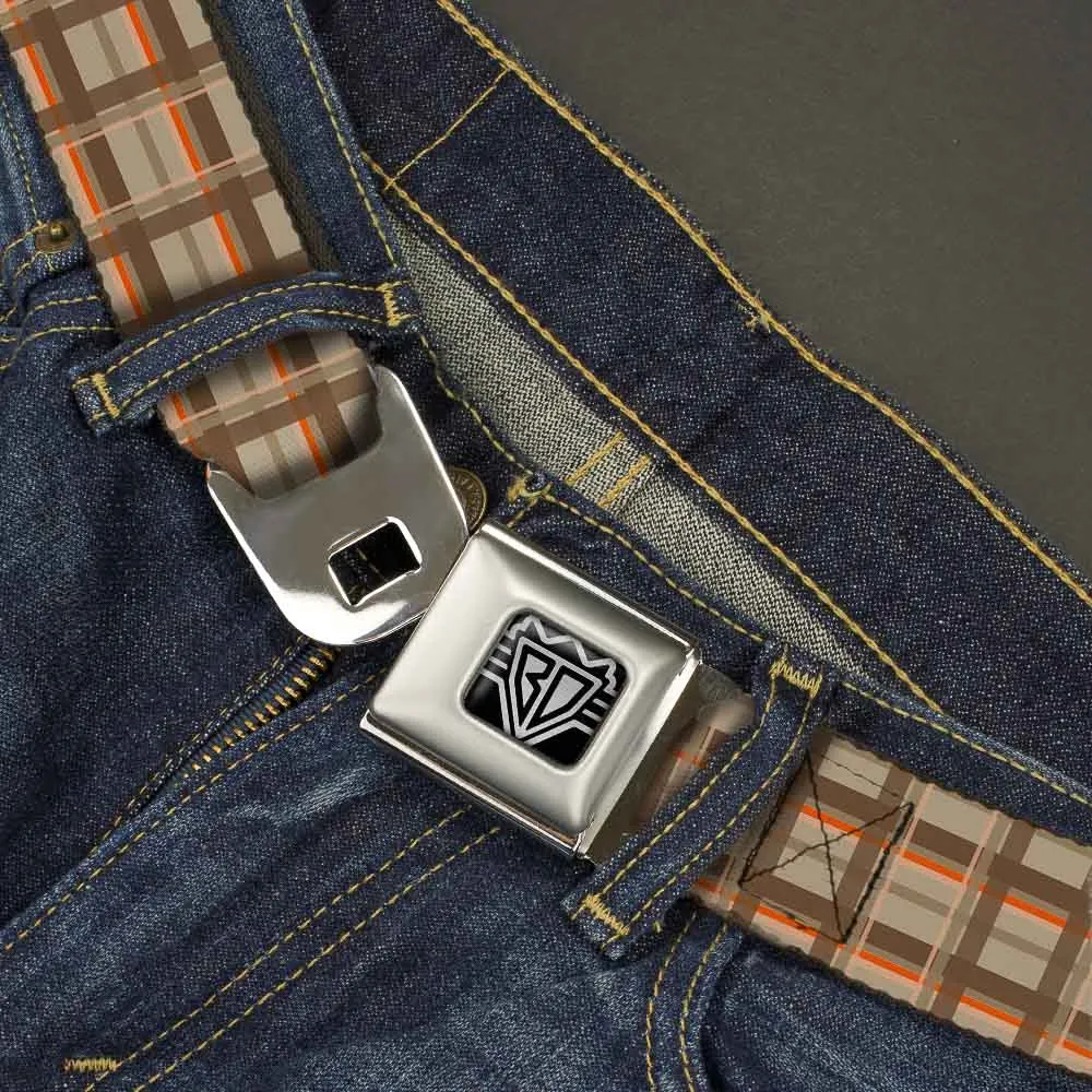 BD Wings Logo CLOSE-UP Full Color Black Silver Seatbelt Belt - Plaid Tan Shades/Orange Webbing