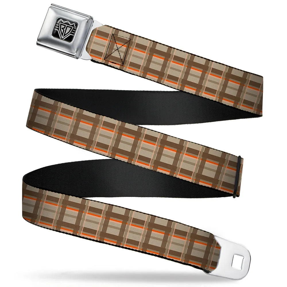 BD Wings Logo CLOSE-UP Full Color Black Silver Seatbelt Belt - Plaid Tan Shades/Orange Webbing