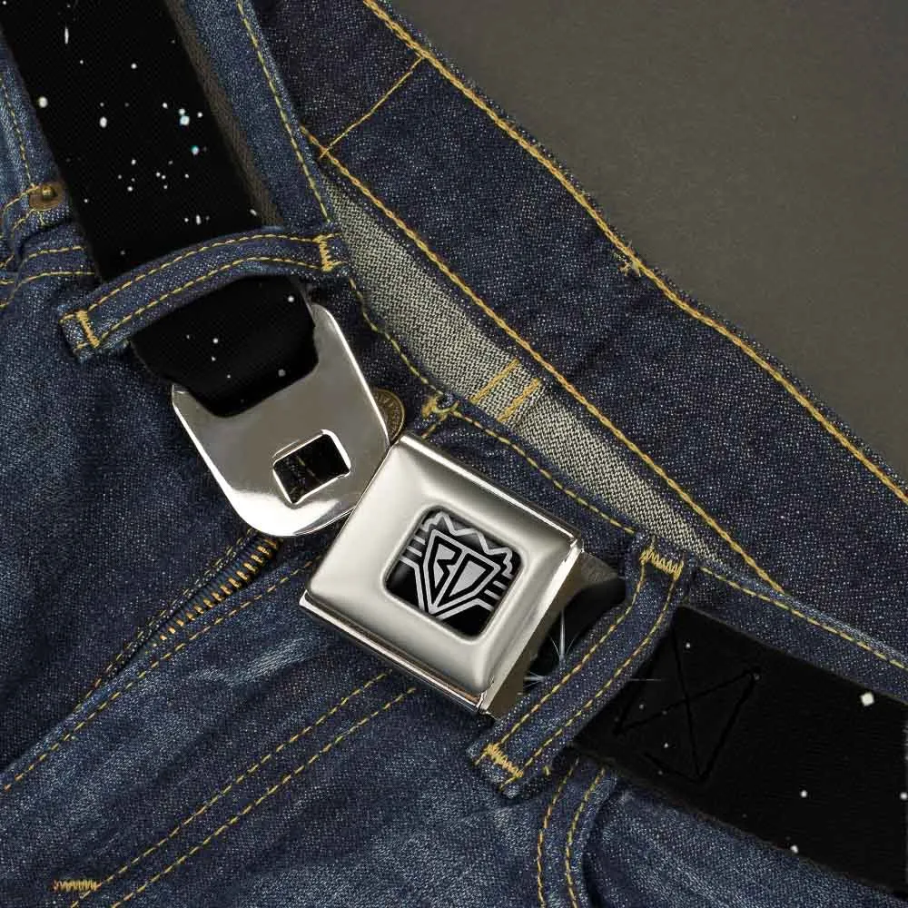 BD Wings Logo CLOSE-UP Full Color Black Silver Seatbelt Belt - Shining Stars Black/White Webbing