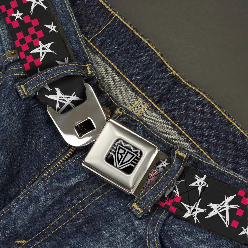 BD Wings Logo CLOSE-UP Full Color Black Silver Seatbelt Belt - Sketch Stars w/Checkers Black/Fuchsia/White Webbing