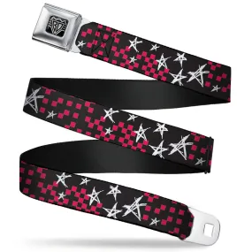 BD Wings Logo CLOSE-UP Full Color Black Silver Seatbelt Belt - Sketch Stars w/Checkers Black/Fuchsia/White Webbing