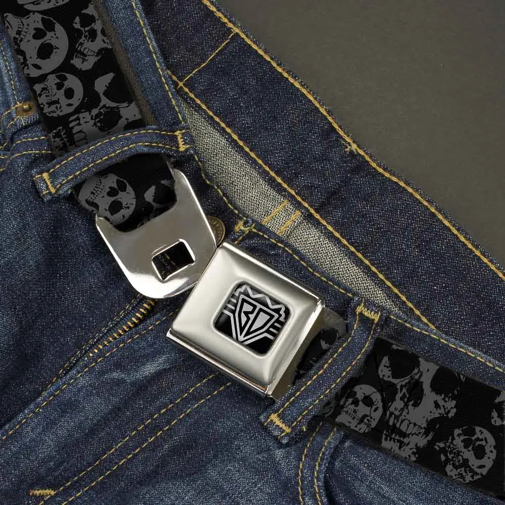 BD Wings Logo CLOSE-UP Full Color Black Silver Seatbelt Belt - Skulls Stacked Weathered Black/Gray Webbing