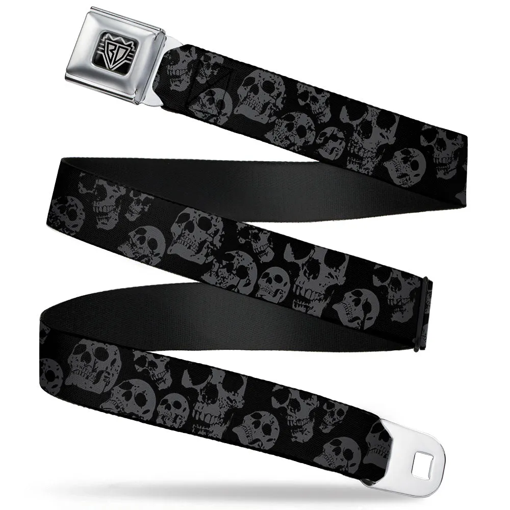 BD Wings Logo CLOSE-UP Full Color Black Silver Seatbelt Belt - Skulls Stacked Weathered Black/Gray Webbing