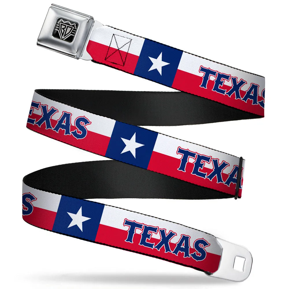 BD Wings Logo CLOSE-UP Full Color Black Silver Seatbelt Belt - Texas Flag/TEXAS Webbing