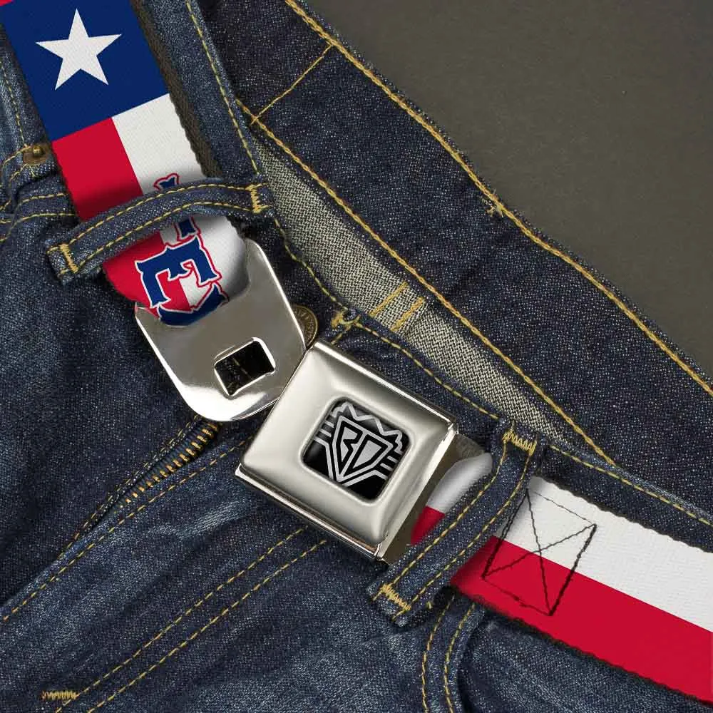 BD Wings Logo CLOSE-UP Full Color Black Silver Seatbelt Belt - Texas Flag/TEXAS Webbing