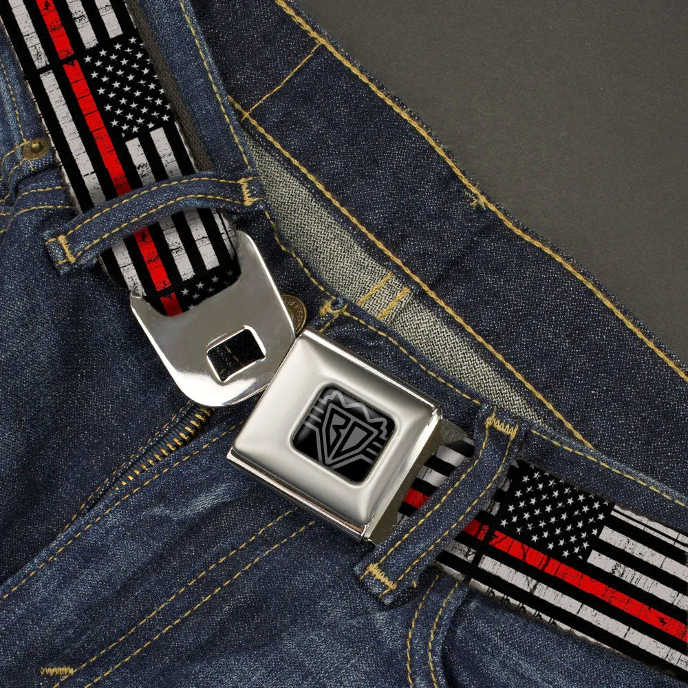 BD Wings Logo CLOSE-UP Full Color Black Silver Seatbelt Belt - Thin Red Line Flag Weathered Black/Gray/Red Webbing