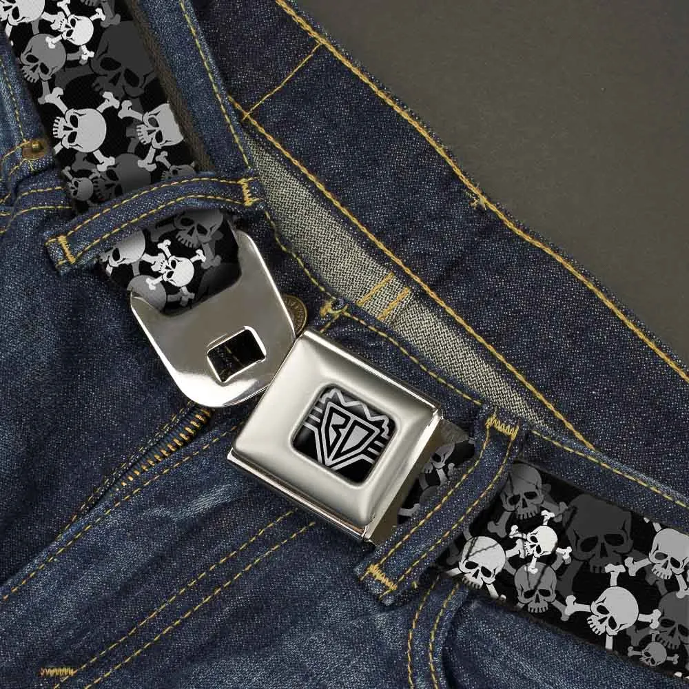 BD Wings Logo CLOSE-UP Full Color Black Silver Seatbelt Belt - Top Skulls Stacked Black/Gray/White Webbing