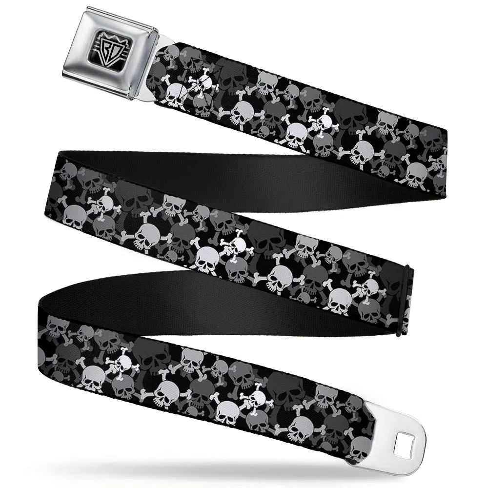 BD Wings Logo CLOSE-UP Full Color Black Silver Seatbelt Belt - Top Skulls Stacked Black/Gray/White Webbing