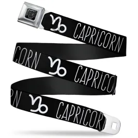 BD Wings Logo CLOSE-UP Full Color Black Silver Seatbelt Belt - Zodiac CAPRICORN/Symbol Black/White Webbing