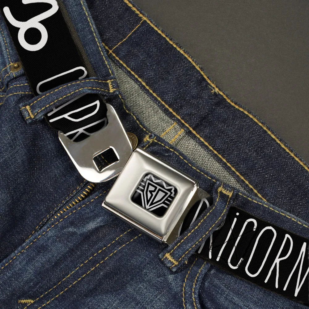 BD Wings Logo CLOSE-UP Full Color Black Silver Seatbelt Belt - Zodiac CAPRICORN/Symbol Black/White Webbing