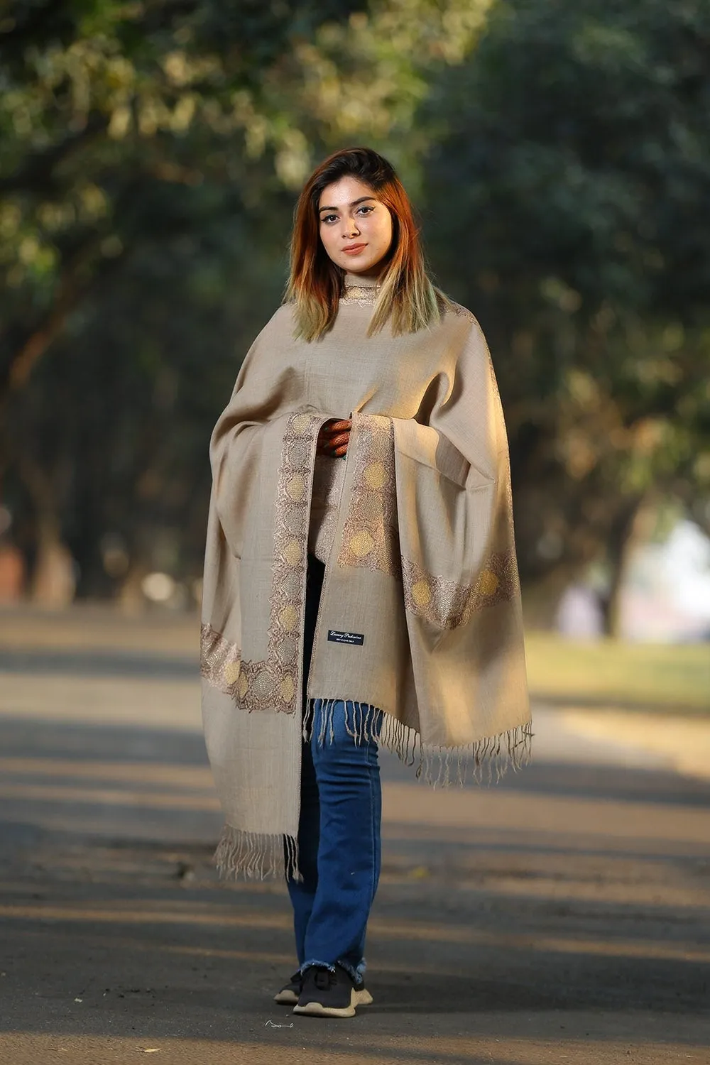 BEIGE (SHADE OF BROWN) COLOUR KASHMIRI STOLE WITH CLASSY SWAROVSKI WORK DEFINES FEMINISM AND ENHANCES SOPHISTICATION