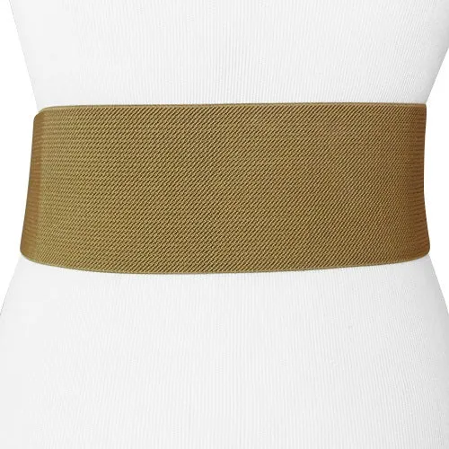 Beige Wide Women's Stretch Belt with a Rose Gold tone O shaped Buckle