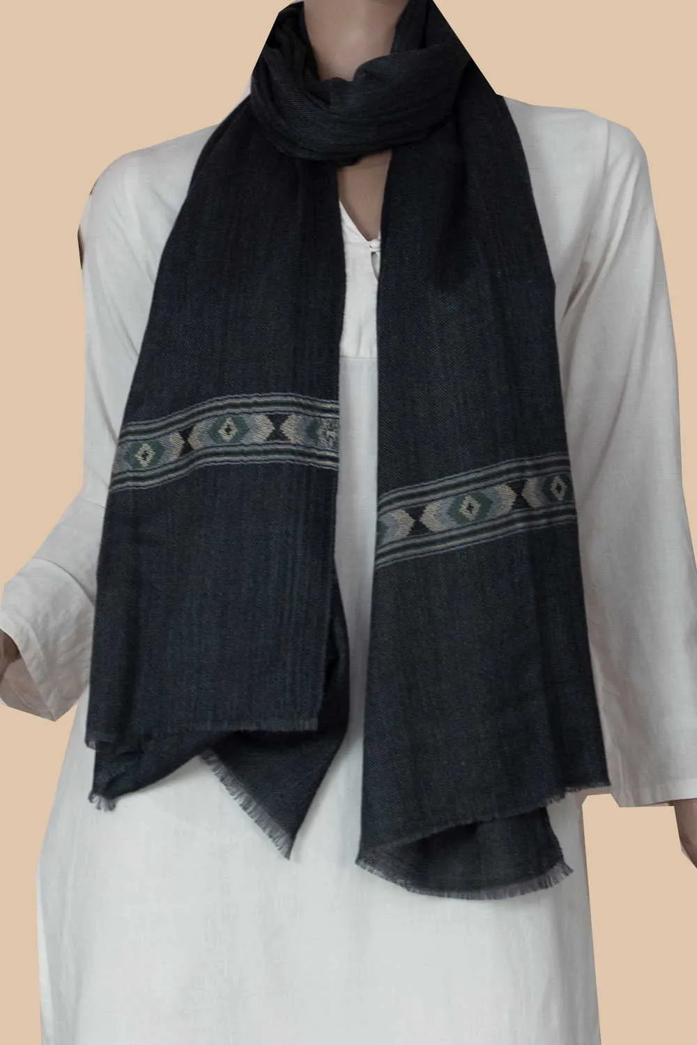 Charcoal Grey Floral Border Woolen Stole