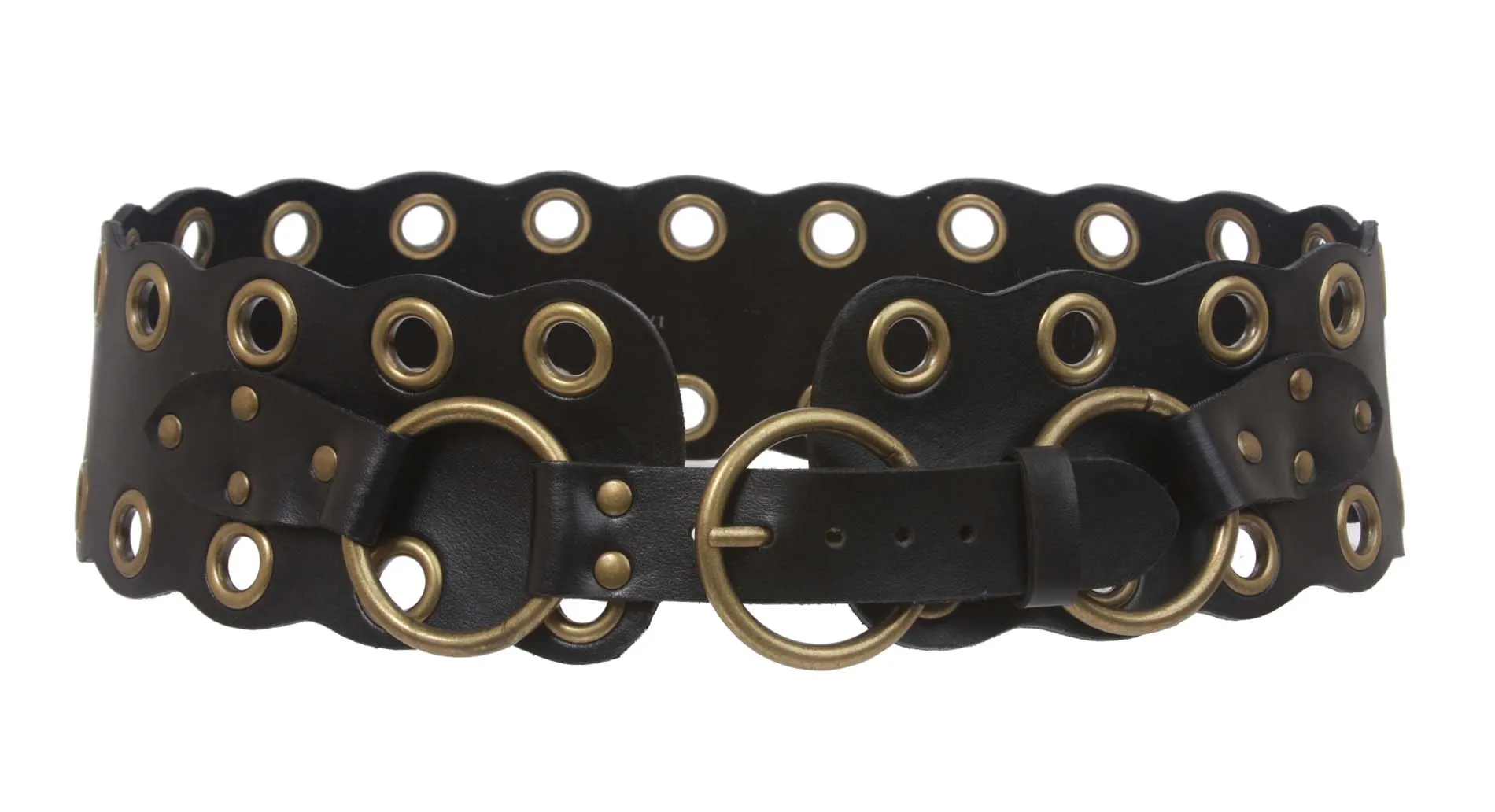 Contour Strap with Two Row Grommets Hardware Wide Fashion Leather Belt