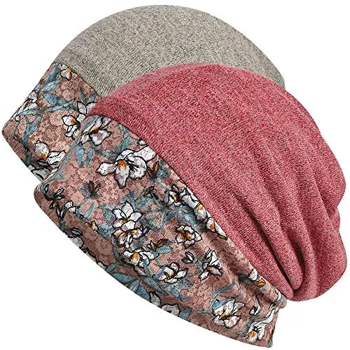 Cotton Beanie Flower Lace Turban, Sleep Cap, Chemo Cap, Slouchy Hat (2 Pack)