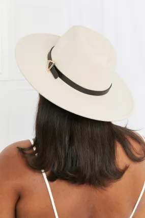 Elegant Beige Fedora Hat with Black Faux Leather Band and Gold Accent