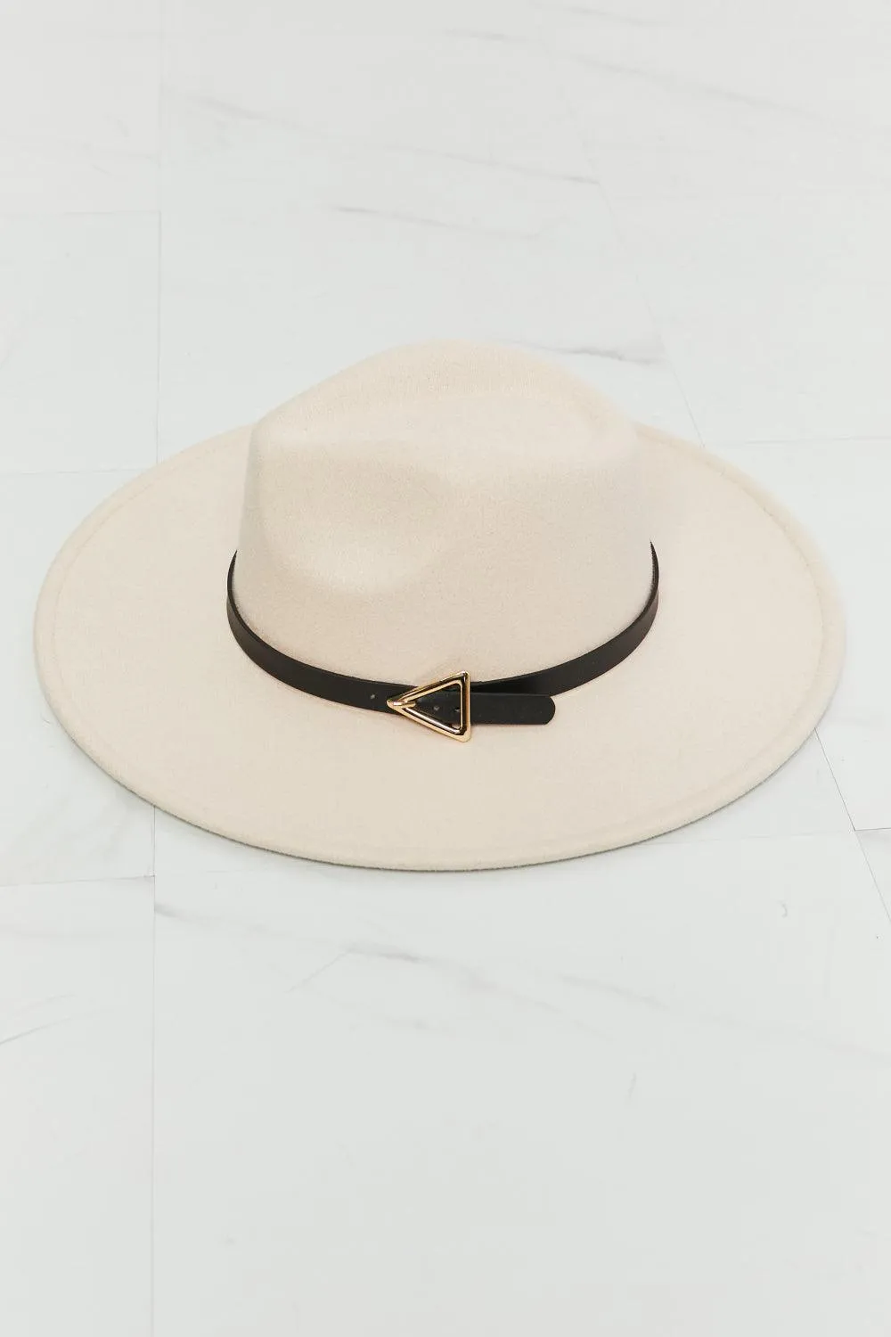 Elegant Beige Fedora Hat with Black Faux Leather Band and Gold Accent