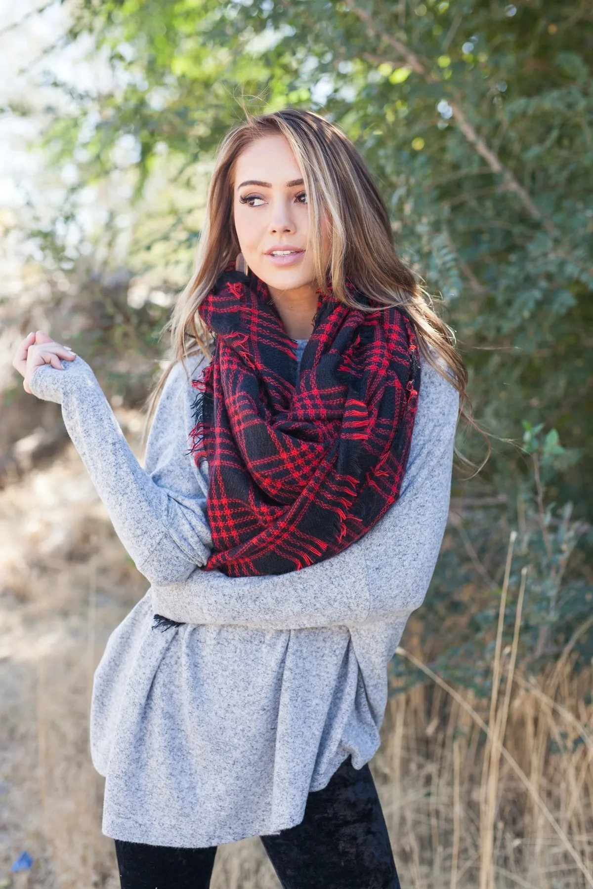 Frayed & Fringed Scarf In Red   Black