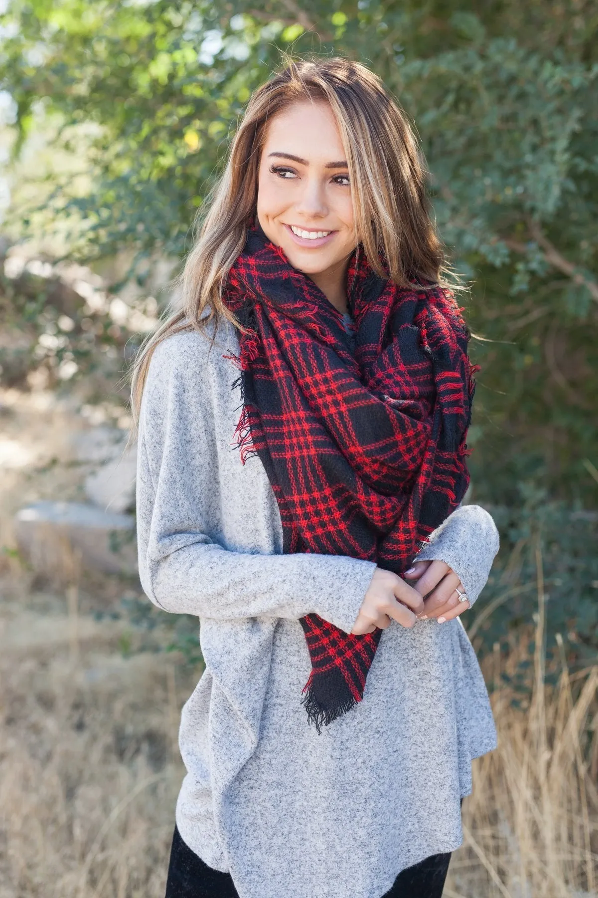 Frayed & Fringed Scarf In Red   Black