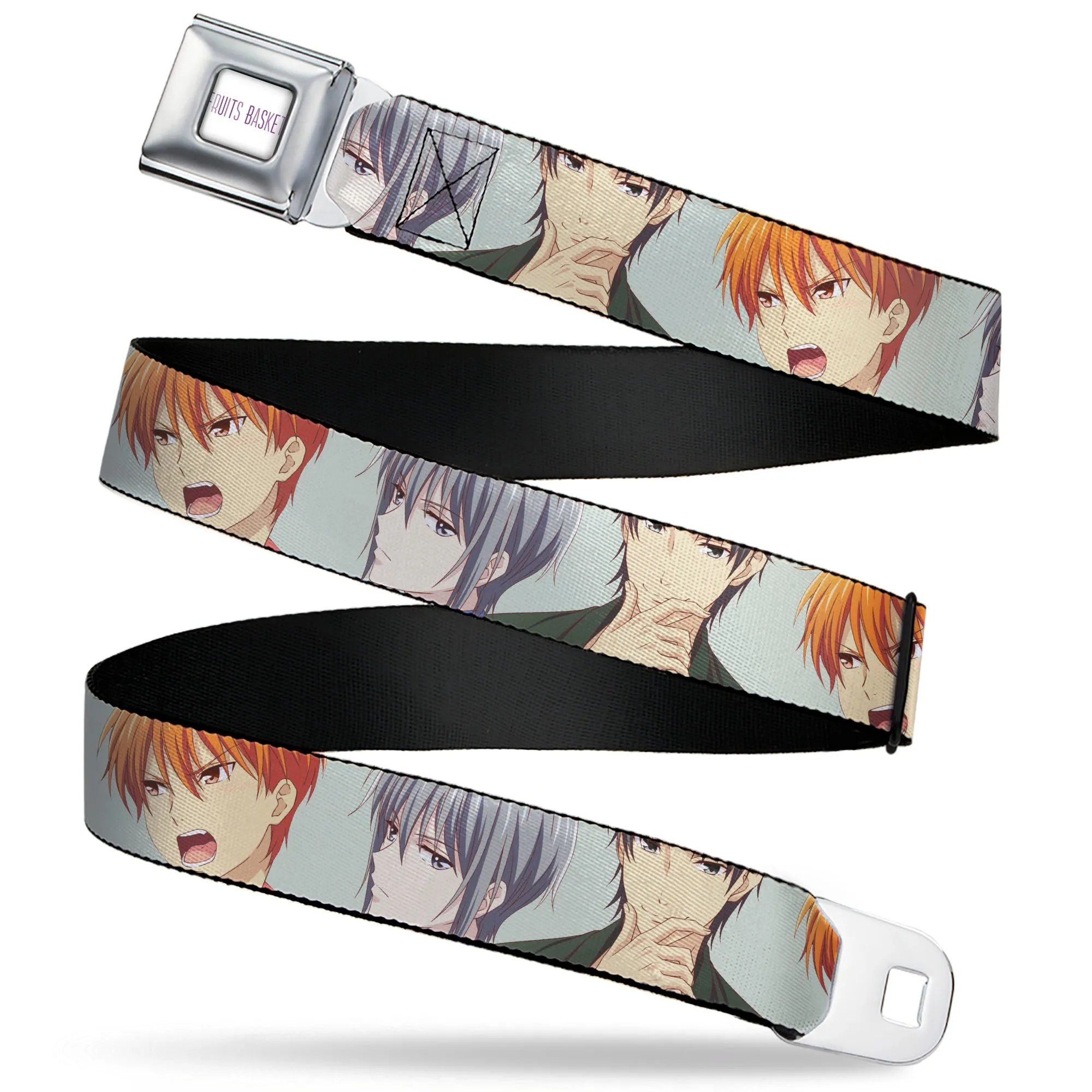 FRUITS BASKET Title Logo Full Color White/Purple Seatbelt Belt - Fruits Basket Kyo Yuki Shigure Group Faces Mint Green Webbing