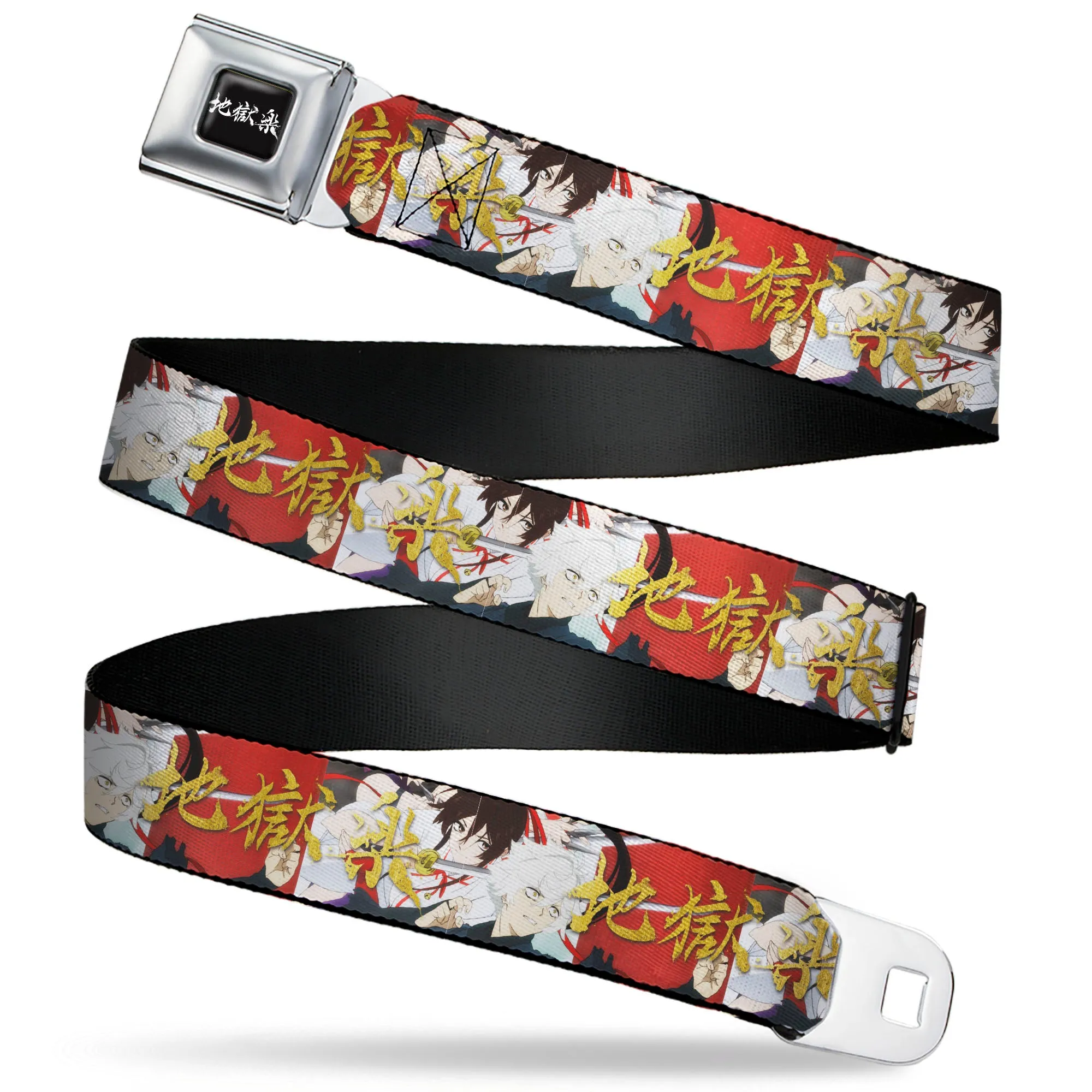 Hell's Paradise Kanji Title Logo Full Color Black/White Seatbelt Belt - Hell's Paradise Gabimaru and Sagiri Title Pose and Logo Red Webbing