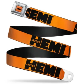 HEMI 426 Logo Full Color Orange Black Seatbelt Belt - HEMI 426 Logo Repeat Orange/Black Webbing