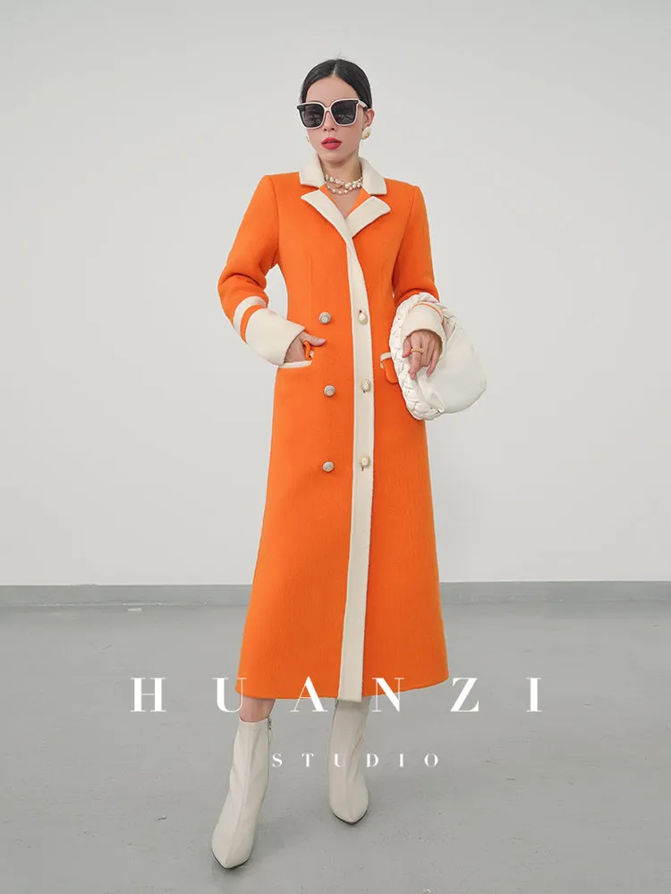 Huanzi high-grade contrasting color double-sided cashmere woolen coat new autumn and winter waist waist long- Trina