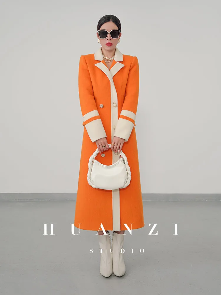 Huanzi high-grade contrasting color double-sided cashmere woolen coat new autumn and winter waist waist long- Trina