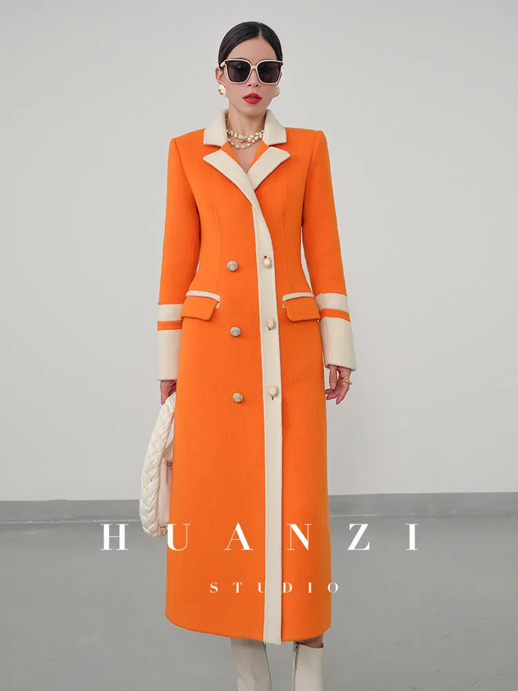 Huanzi high-grade contrasting color double-sided cashmere woolen coat new autumn and winter waist waist long- Trina