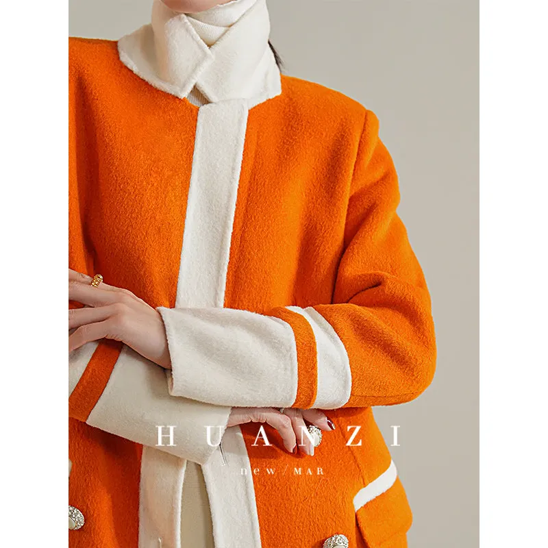 Huanzi high-grade contrasting color double-sided cashmere woolen coat new autumn and winter waist waist long- Trina