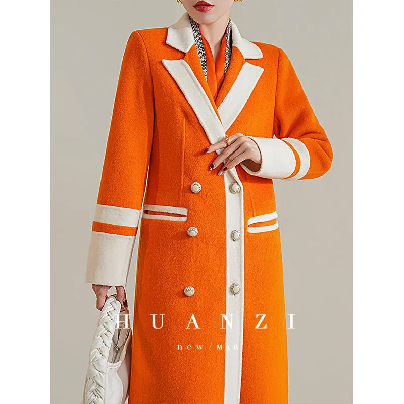 Huanzi high-grade contrasting color double-sided cashmere woolen coat new autumn and winter waist waist long- Trina