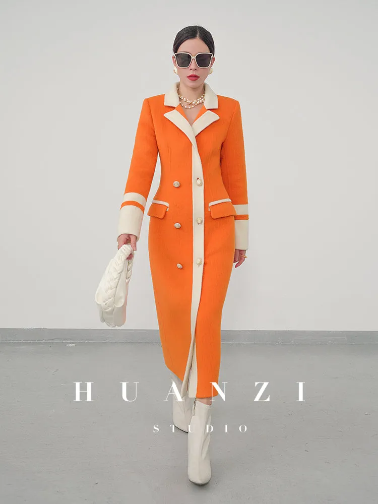 Huanzi high-grade contrasting color double-sided cashmere woolen coat new autumn and winter waist waist long- Trina