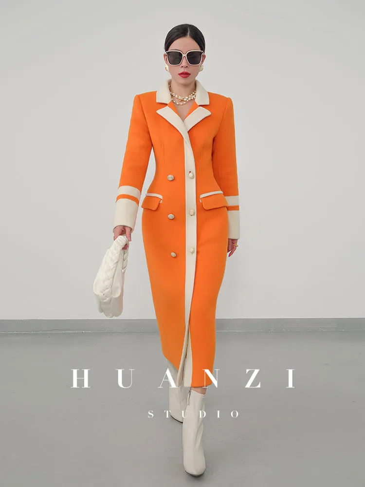 Huanzi high-grade contrasting color double-sided cashmere woolen coat new autumn and winter waist waist long- Trina