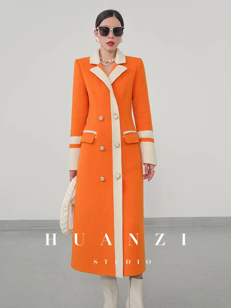 Huanzi high-grade contrasting color double-sided cashmere woolen coat new autumn and winter waist waist long- Trina