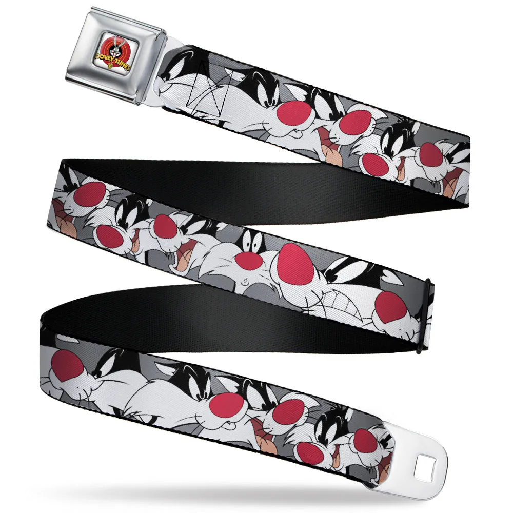 Looney Tunes Logo Full Color White Seatbelt Belt - Sylvester the Cat Expressions Gray Webbing