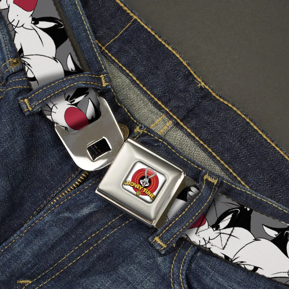 Looney Tunes Logo Full Color White Seatbelt Belt - Sylvester the Cat Expressions Gray Webbing