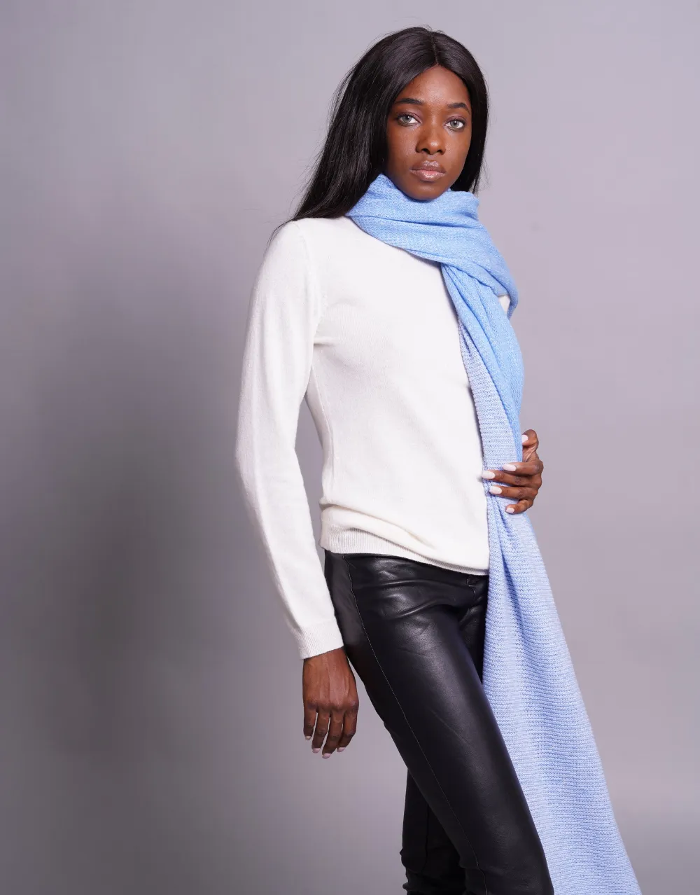 Loop Knit Two Toned Plaid Scarf in Ice Blue