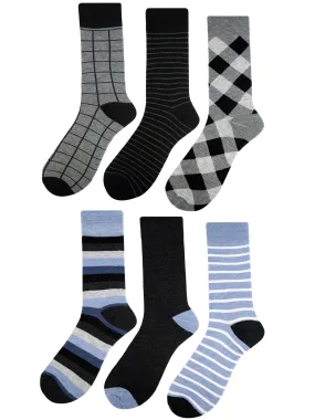 Mens Argyle & Striped Print 6-Pack Blue Black Gray Crew Socks