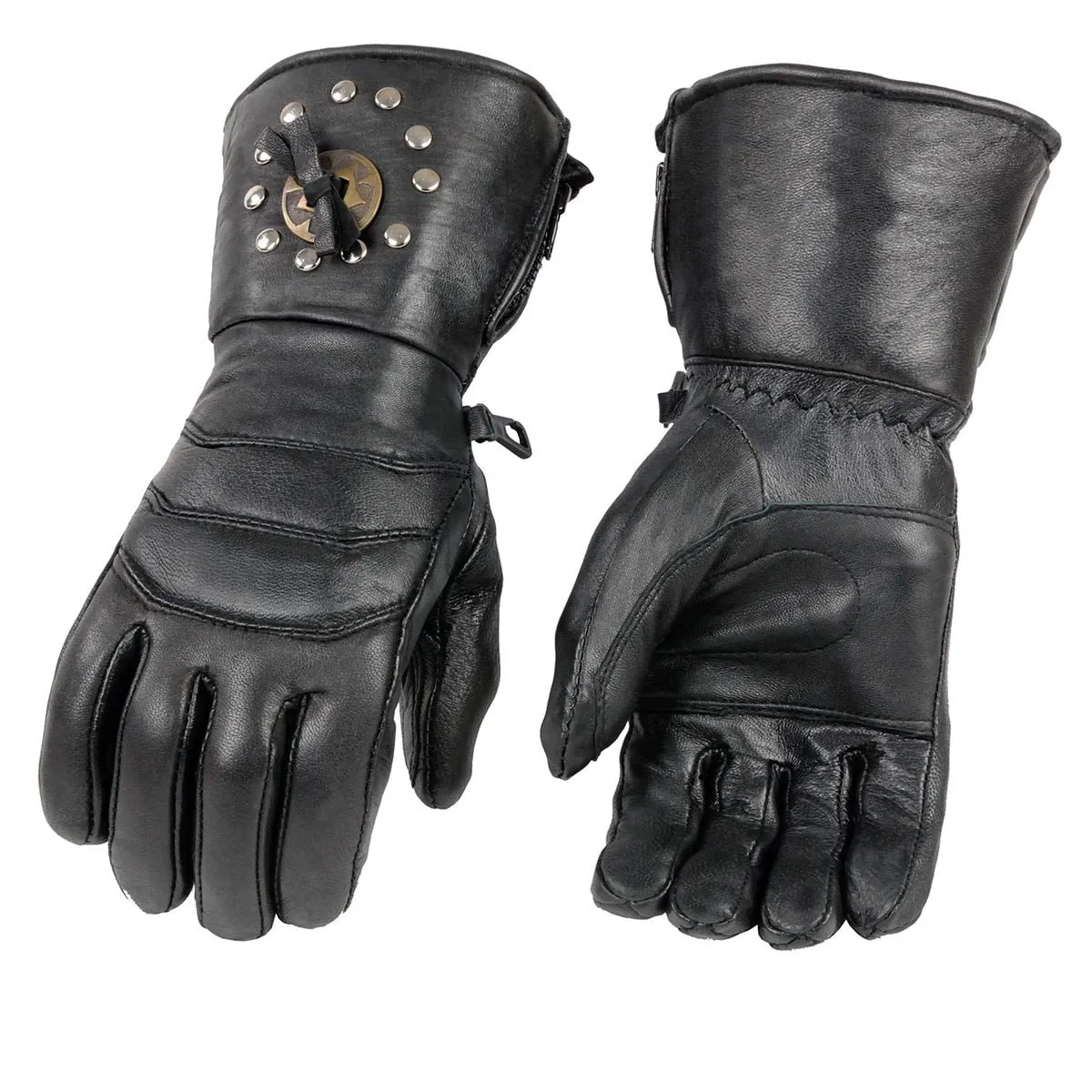 Milwaukee Leather Men's Gauntlet Motorcycle Hand Gloves-Black Leather Thermal Lined with Conchos on Cuff- SH238