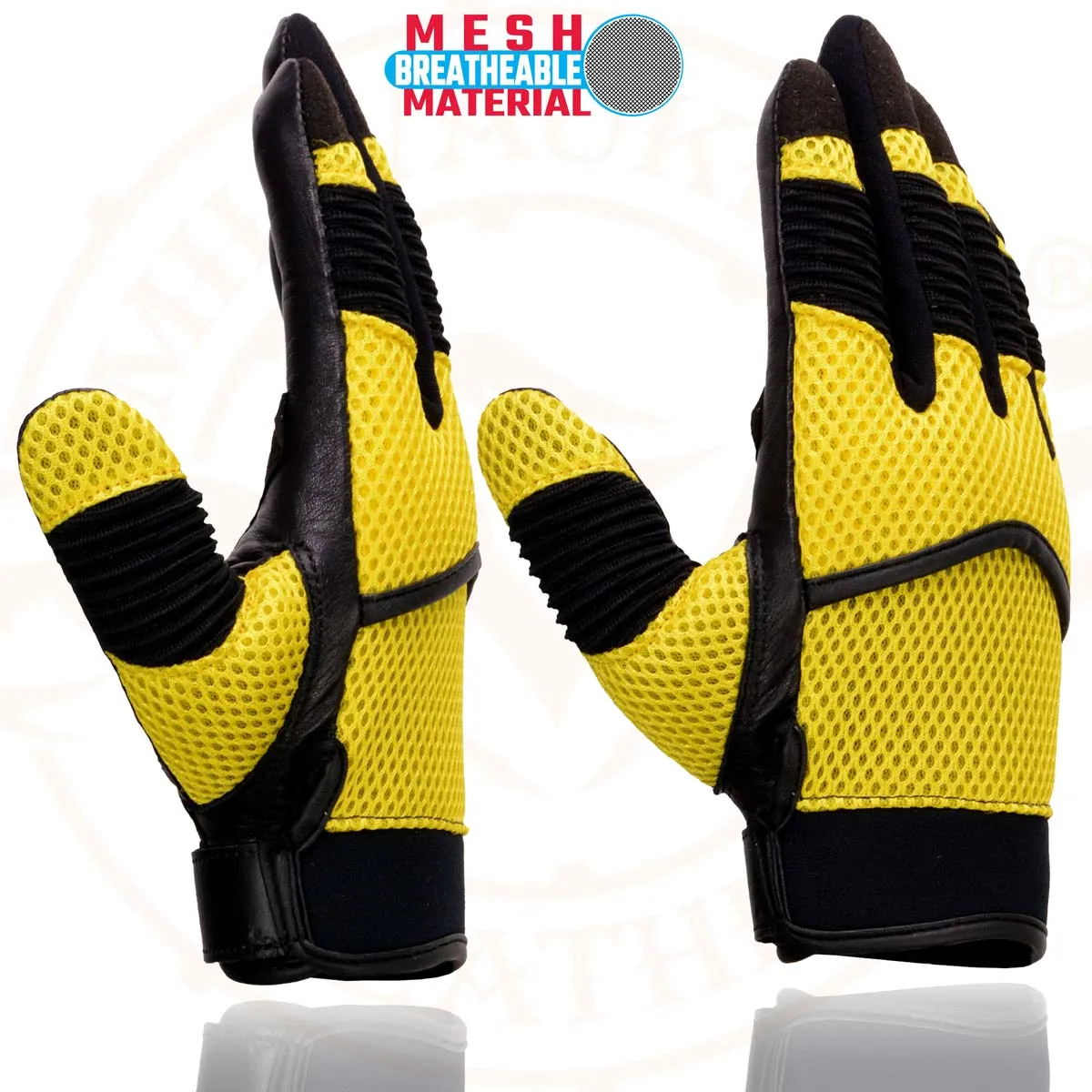 Milwaukee Leather SH791 Men's Black Leather and Yellow Mesh Combo Racing Motorcycle Hand Gloves W/ Elasticized Fingers