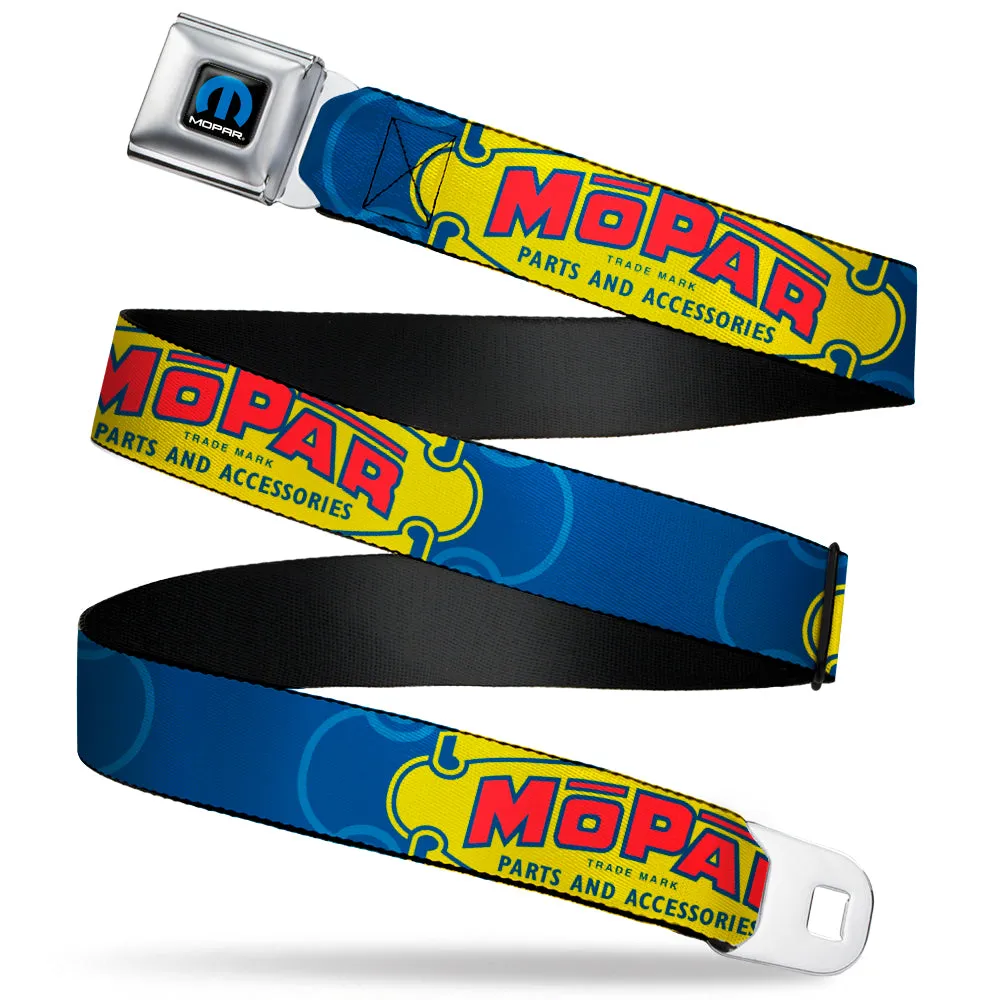 MOPAR Logo Full Color Black/Blue/White Seatbelt Belt - MOPAR 1937-1947 Logo-USE CHRYSLER ENGINEERED MOPAR PARTS AND ACCESSORIES Blue/Yellow/Red Webbing